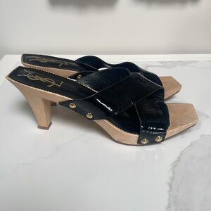 EUC Yves Saint Laurent Zoccoli Black Patent Wooden Base Clog Euro 40/US 9.5/10